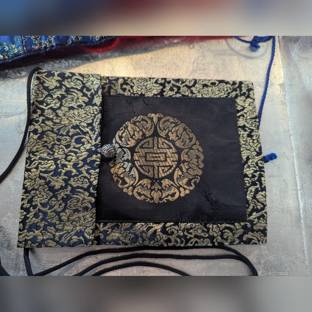 Asian 3 Silky Jewelry Travel Pouches Set Tie String Embroidery